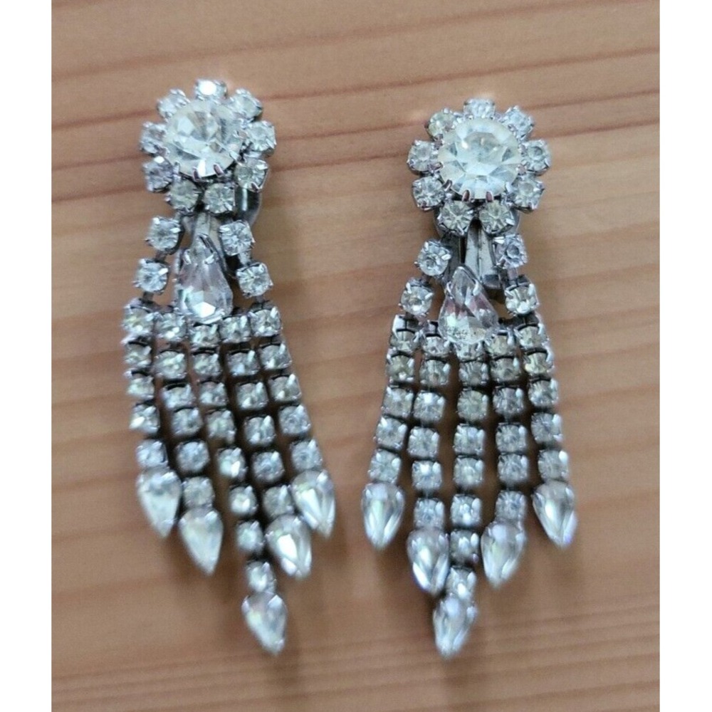 Weiss Clip On Dangle Earrings Pear Clear Rhinestones Signed Vintage Bridal